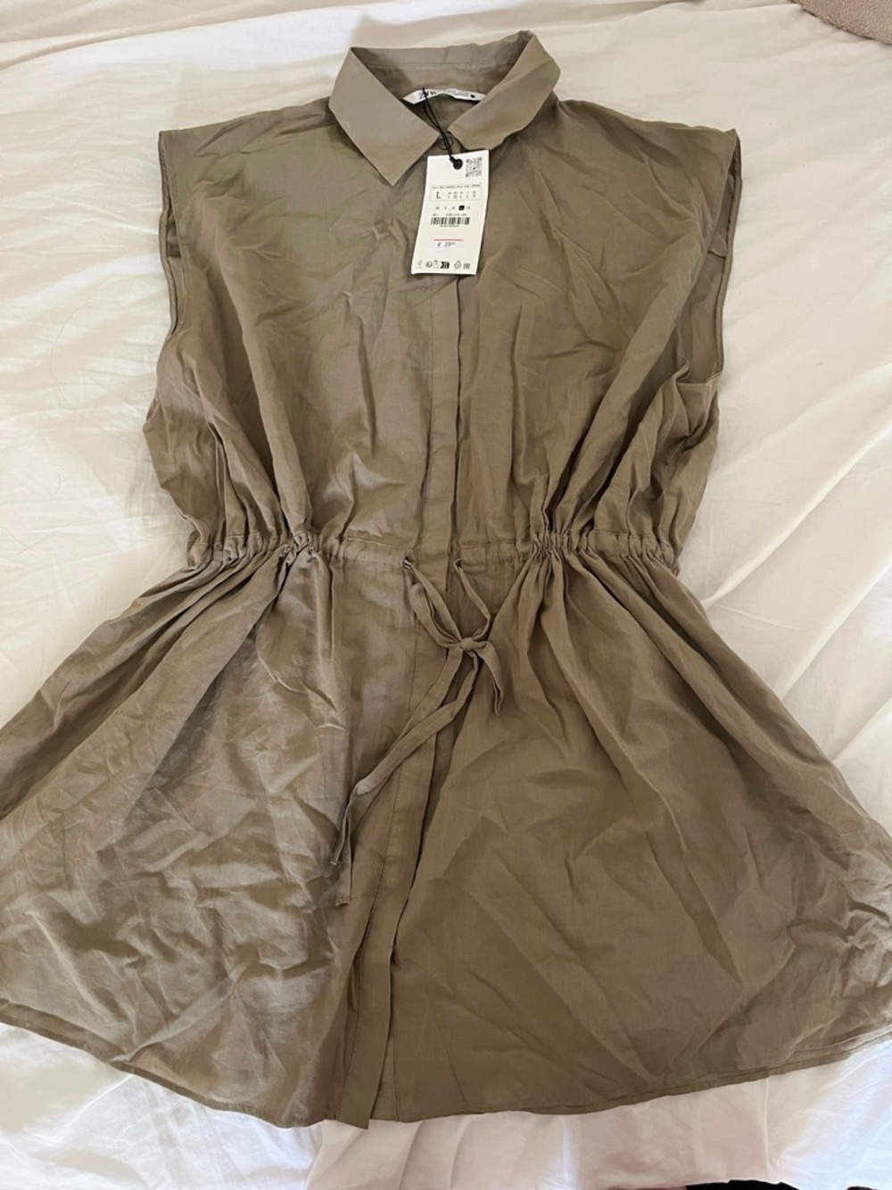 Zara Taupe Drawstring Sleeveless Shirt Dress